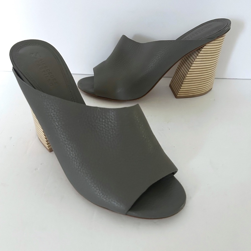 Mercedes Castillo Izar High Leather Mules Women 10 Grey Peep Toe Asymmetric Heel
